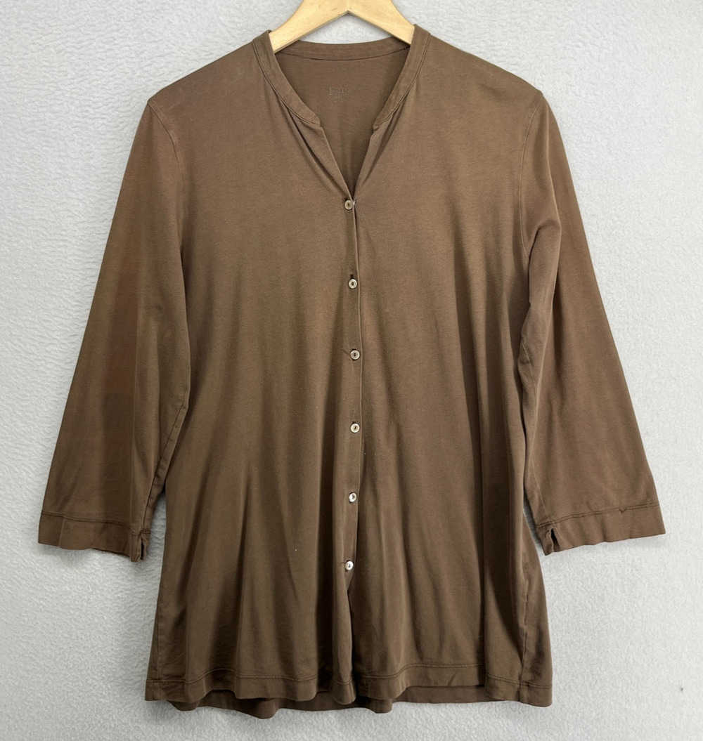 EILEEN FISHER GARNET HILL Pajama Top L Sleepshirt PJ Mandarin Button Up Brown